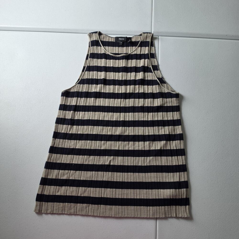 Theory Tank Top Womens Medium Blue Stripe 100% Wool Rib Knit Basic Sleeveless